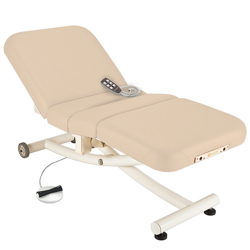 EarthLite ELLORA VISTA Full Electric Salon Table with salon headrest, beige, on white background.