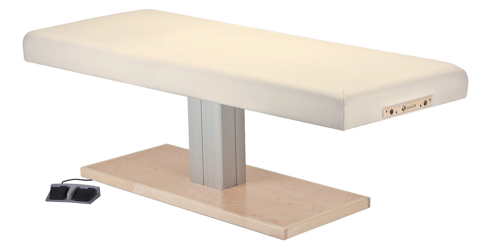 EarthLite EVEREST SPA FLAT electric lift massage table with foot pedals on wood platform.