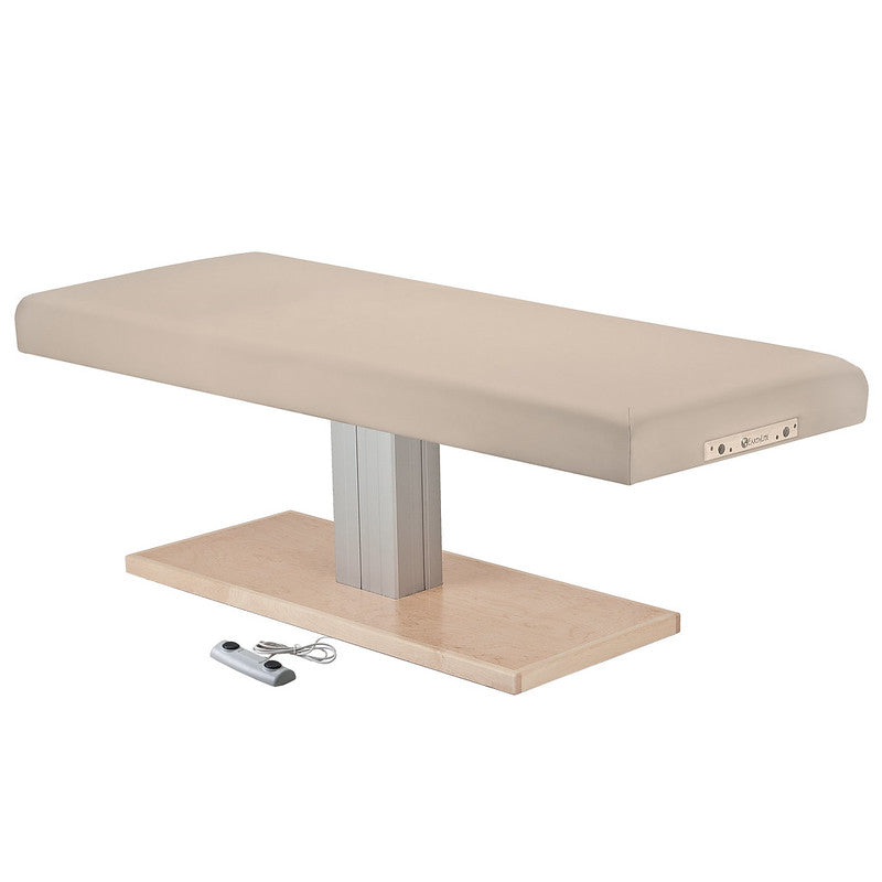 EarthLite EVEREST SPA FLAT electric lift table with remote on wood base for spa treatments.