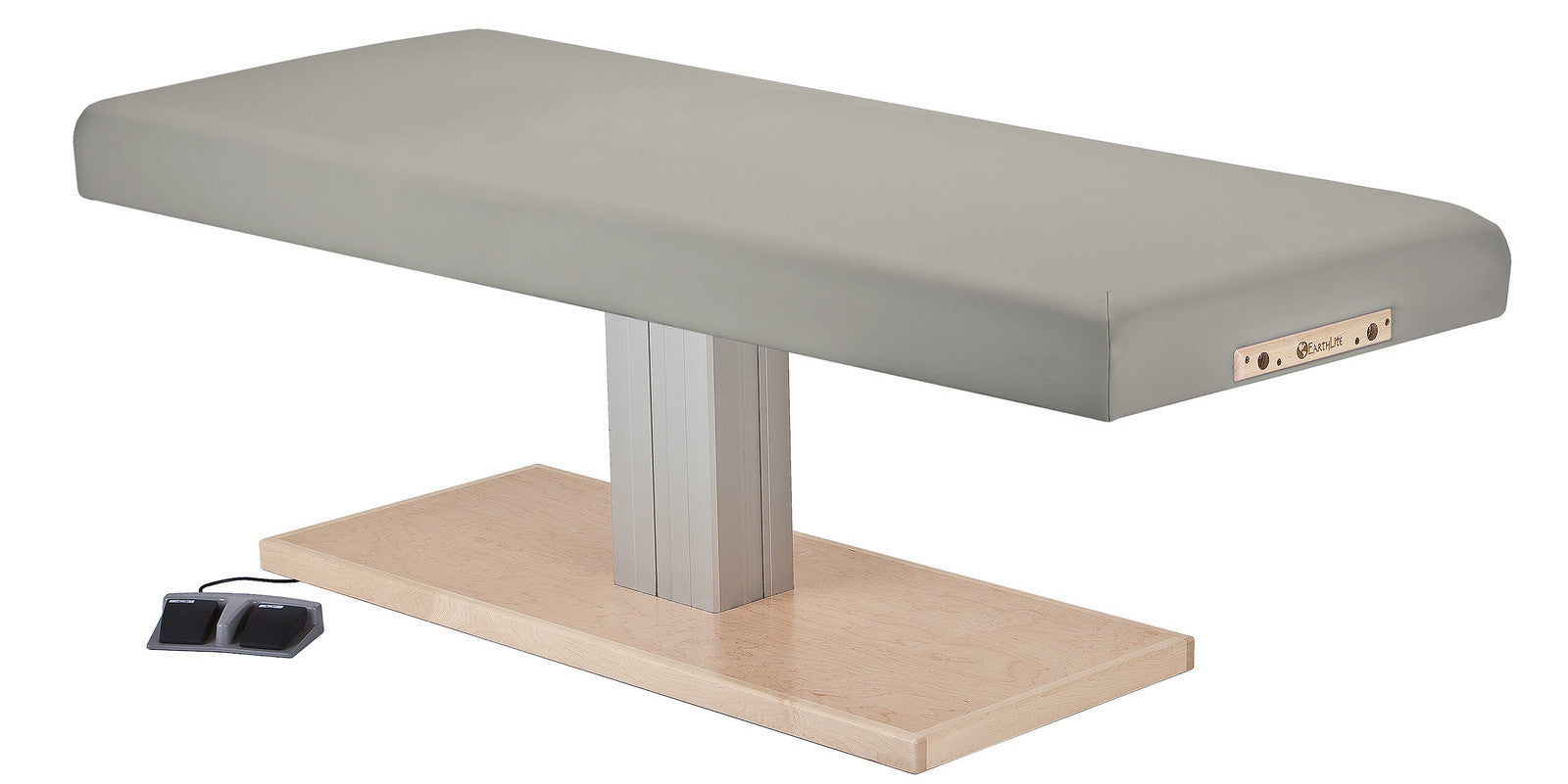 EarthLite EVEREST SPA FLAT electric lift table with metal base and foot pedals.