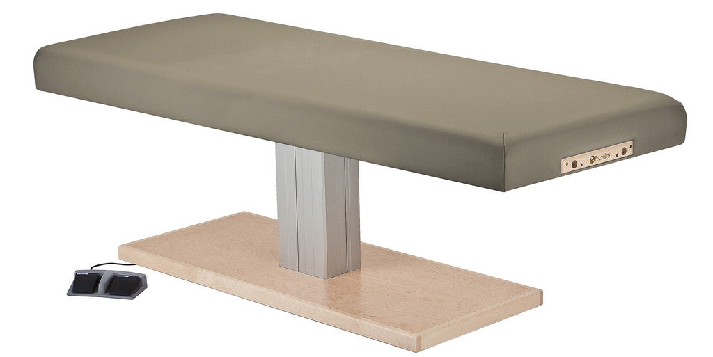 EarthLite EVEREST SPA FLAT electric lift table with padded surface and single metal pedestal.
