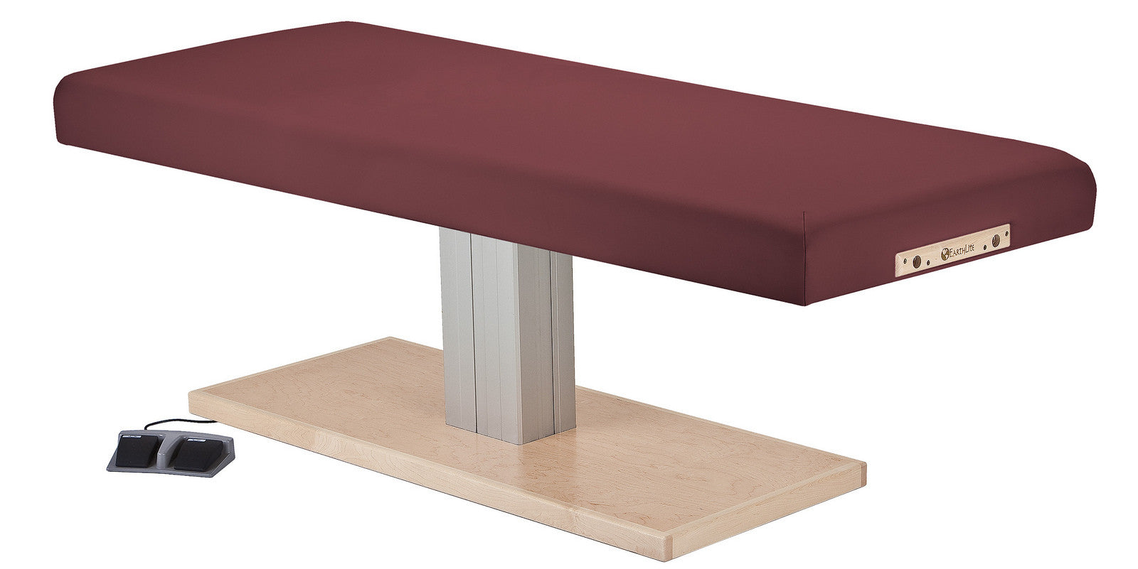 EarthLite EVEREST SPA FLAT electric lift table, maroon cover, wood base, foot pedals.