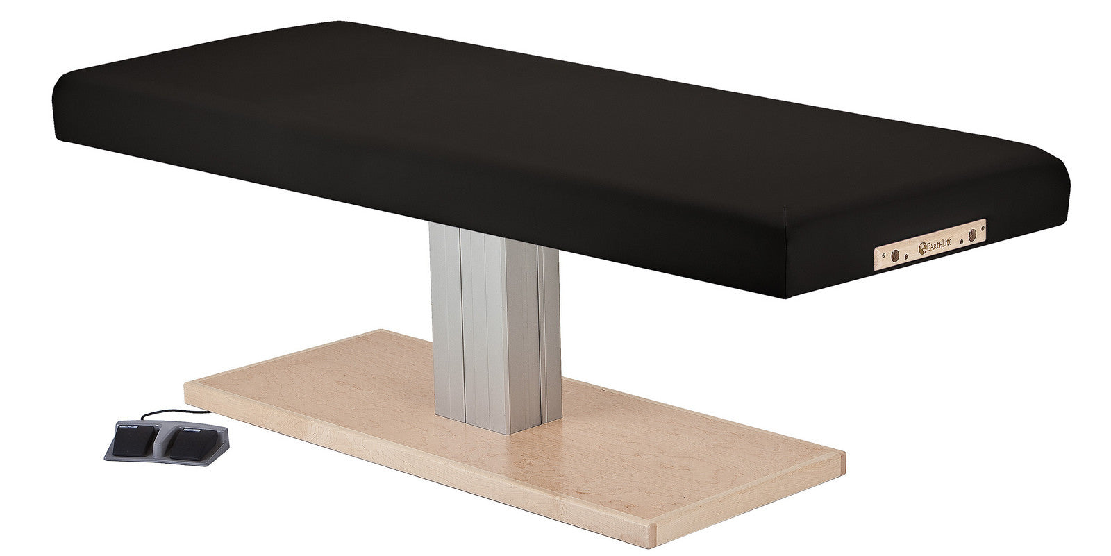EarthLite EVEREST SPA FLAT electric lift table with wooden base, ideal for spa treatments.