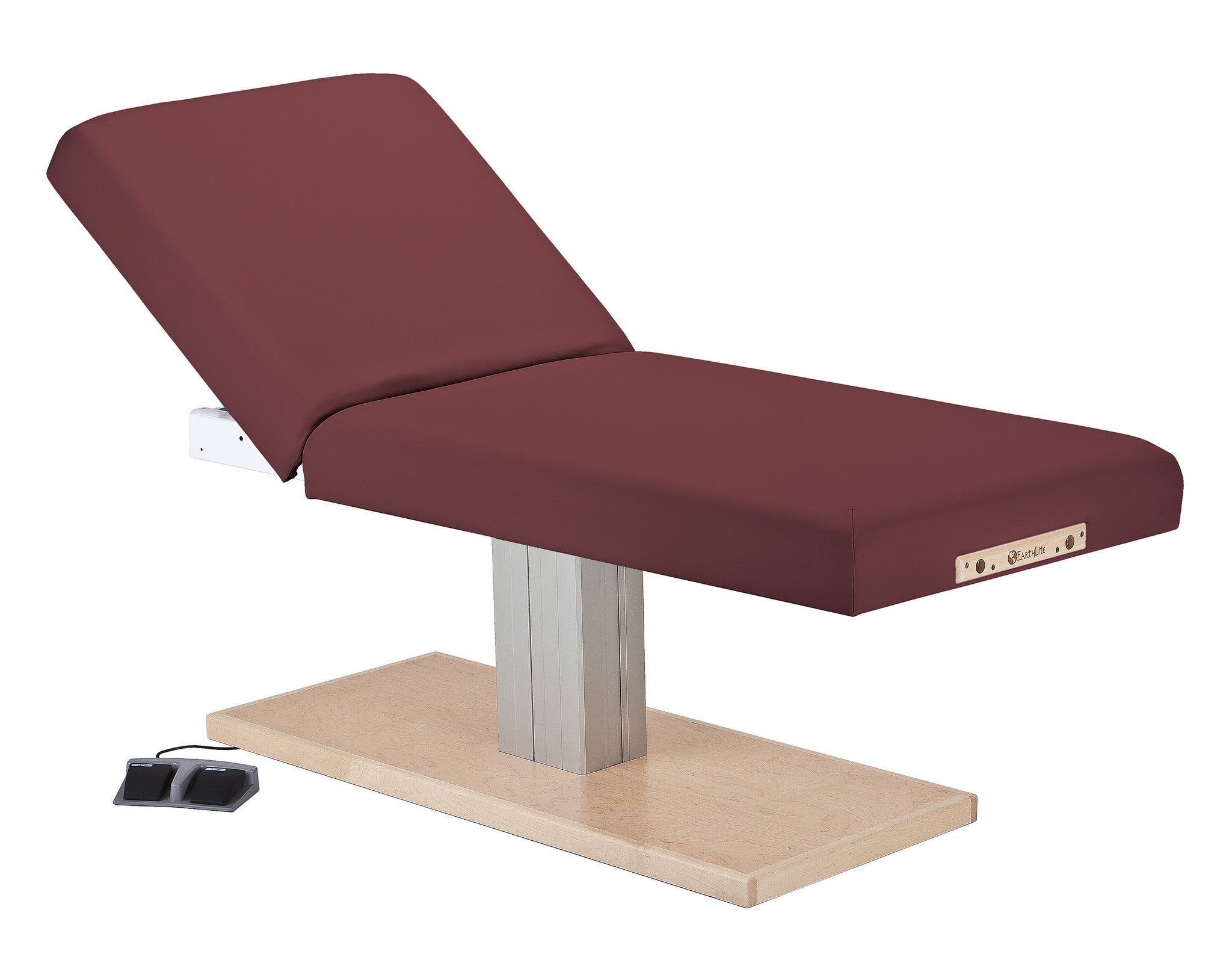 EarthLite EVEREST SPA ELECTRIC TILT Pedestal Lift Table with foot controls and wood base.