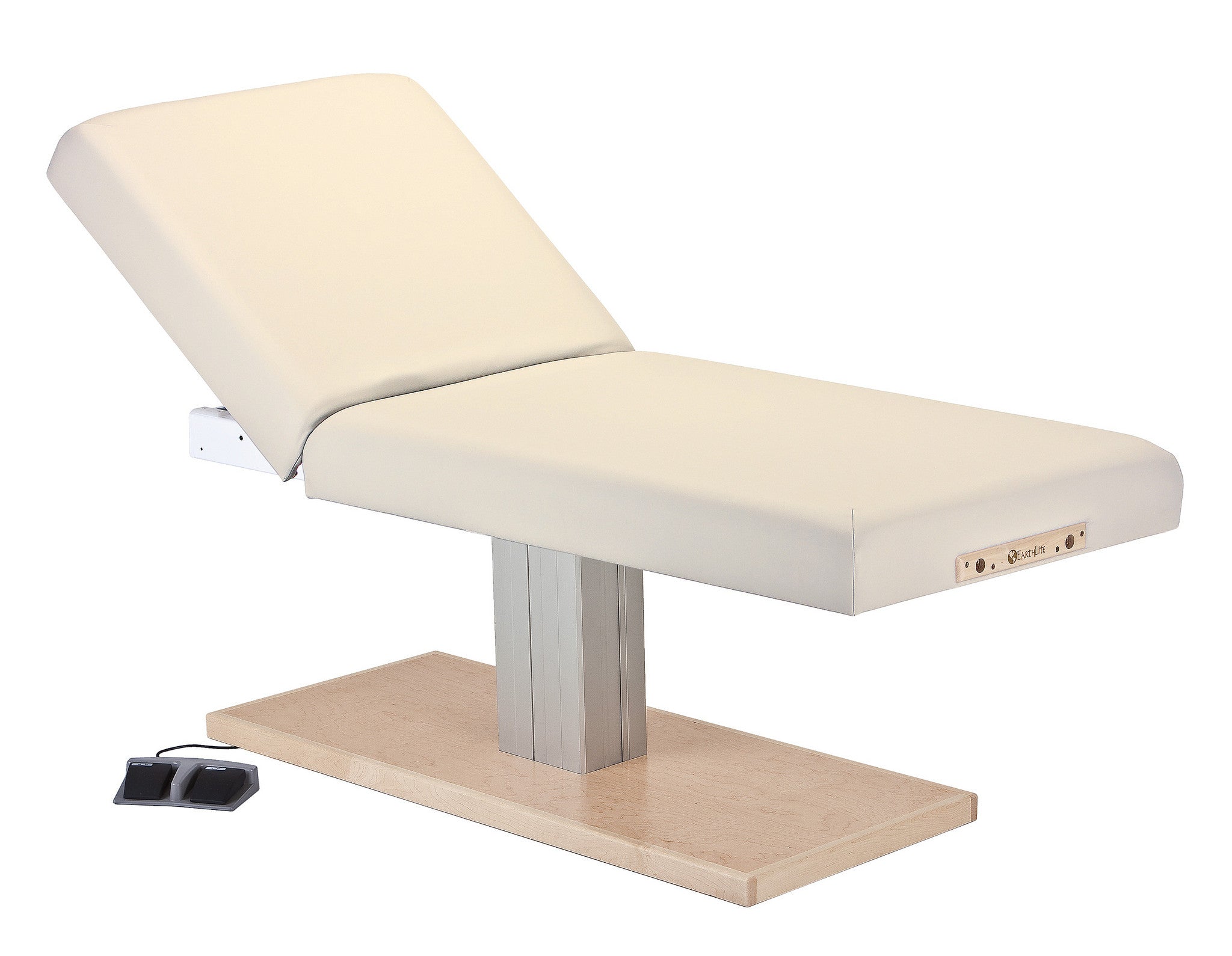 EarthLite Everest Spa Electric Tilt Table with single pedestal, electric lift, and wood base.
