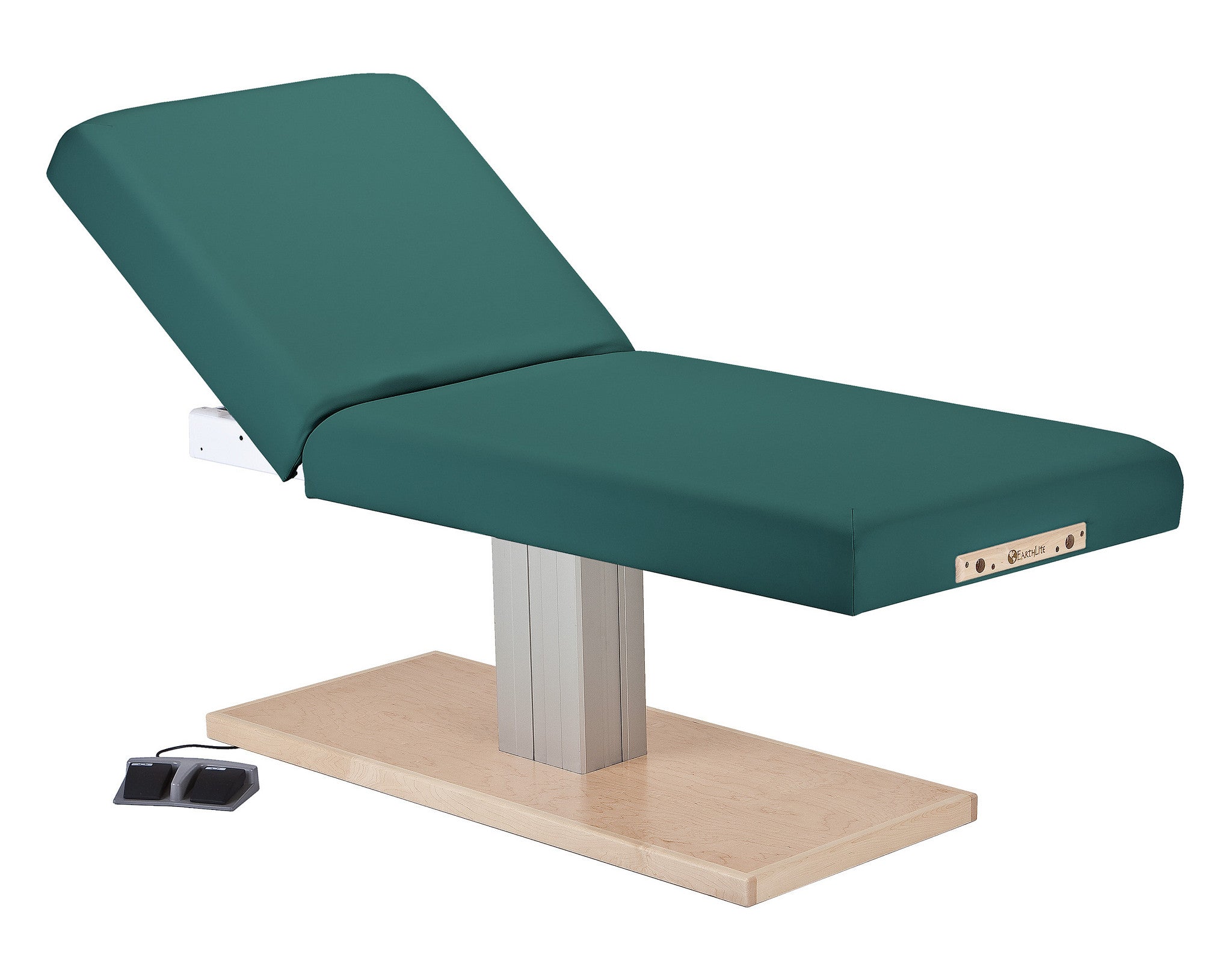 Green EarthLite Everest Spa Electric Tilt Table with foot controls and wooden base.