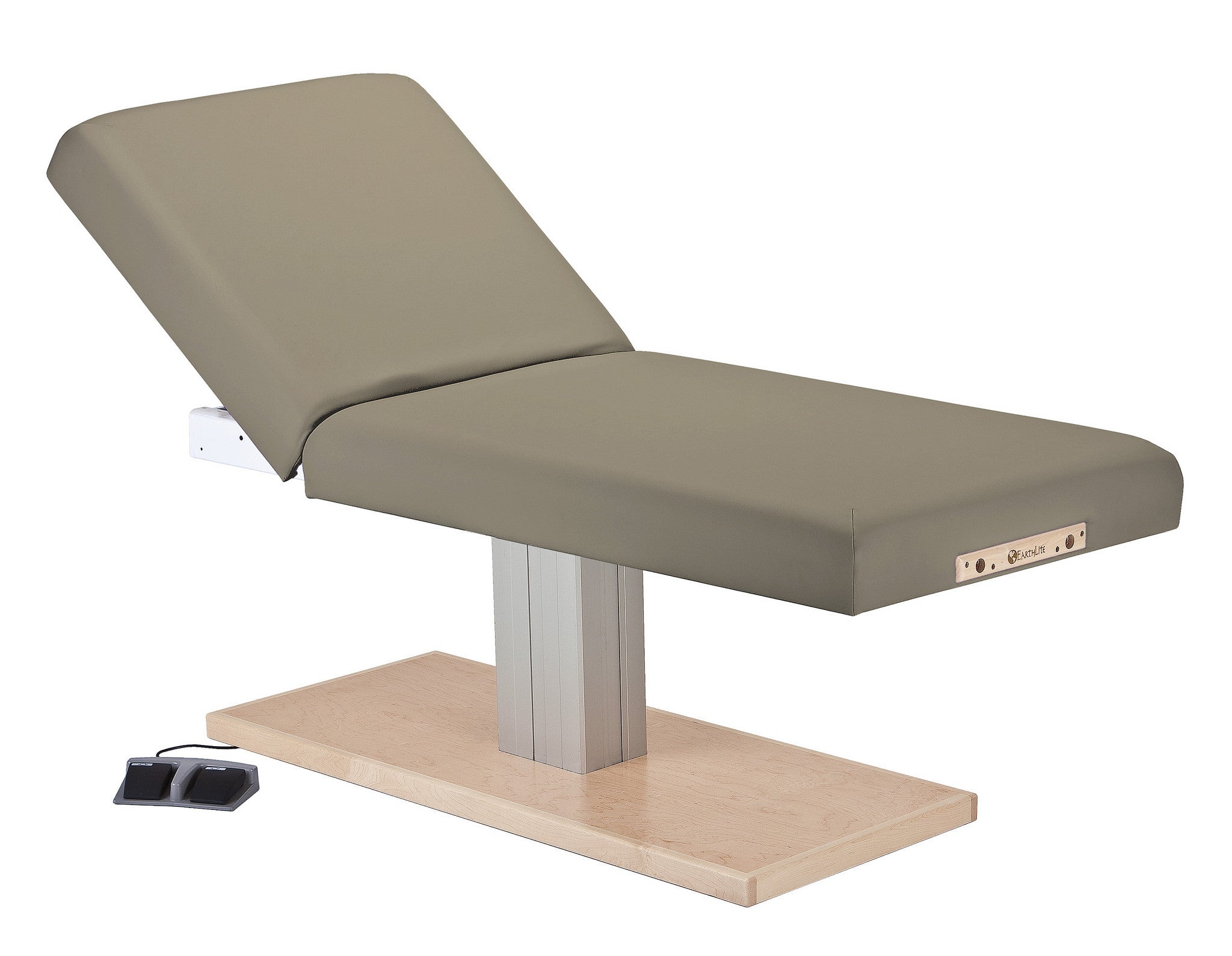EarthLite EVEREST SPA ELECTRIC TILT table with beige cushion and wooden base.