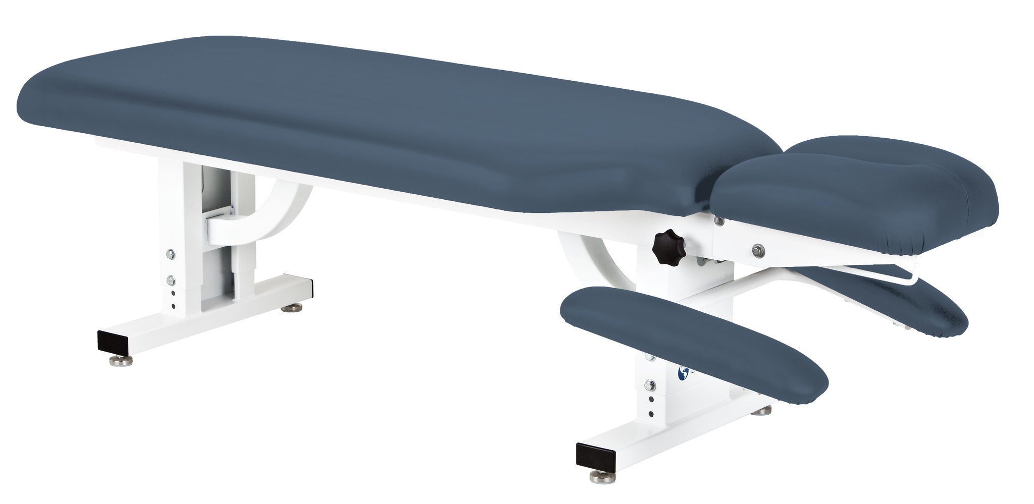EarthLite APEX STATIONARY Massage Table with headrest, arm supports, and white frame.