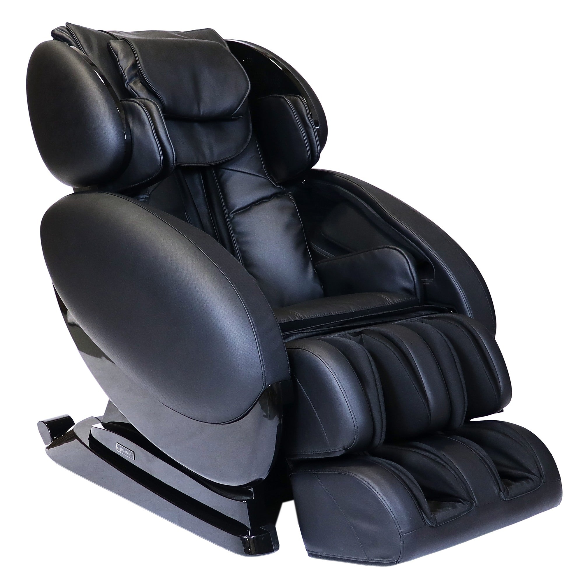 Infinity IT-8500 PLUS black leather massage chair with padded armrests, footrests, and Bluetooth.