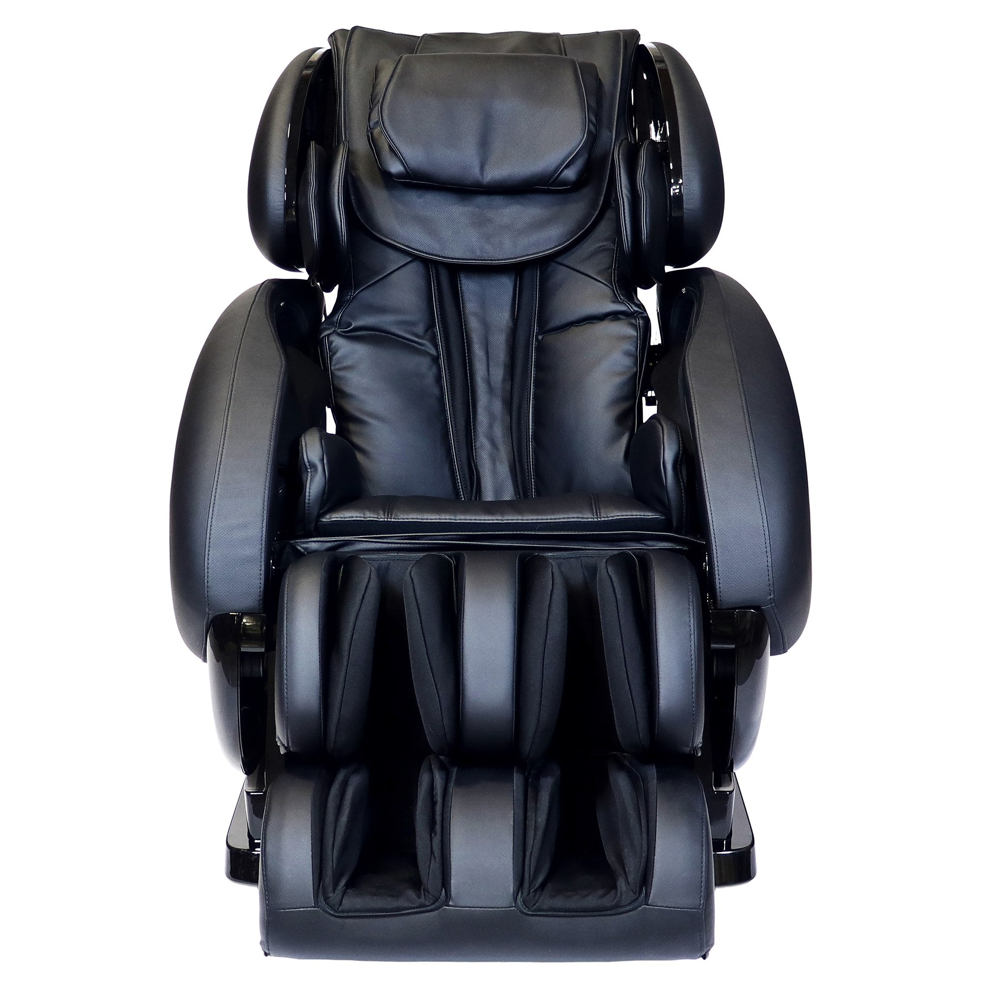 Infinity IT-8500 PLUS black leather massage chair with padded rests, Bluetooth, front view.