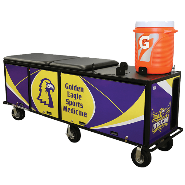 PHS Medical 8' Hydration SmartCart with Golden Eagle Sports Medicine logo and Gatorade cooler.