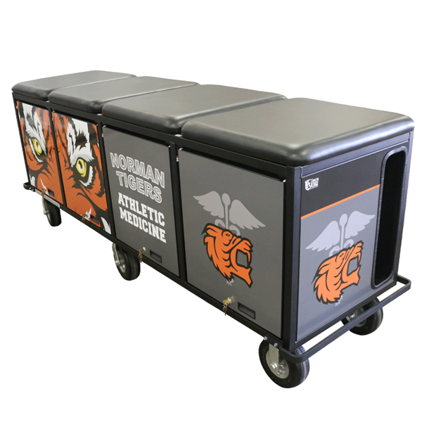 PHS Medical 8' SmartCart with Norman Tigers Athletic Medicine label, tiger graphics, and seats.