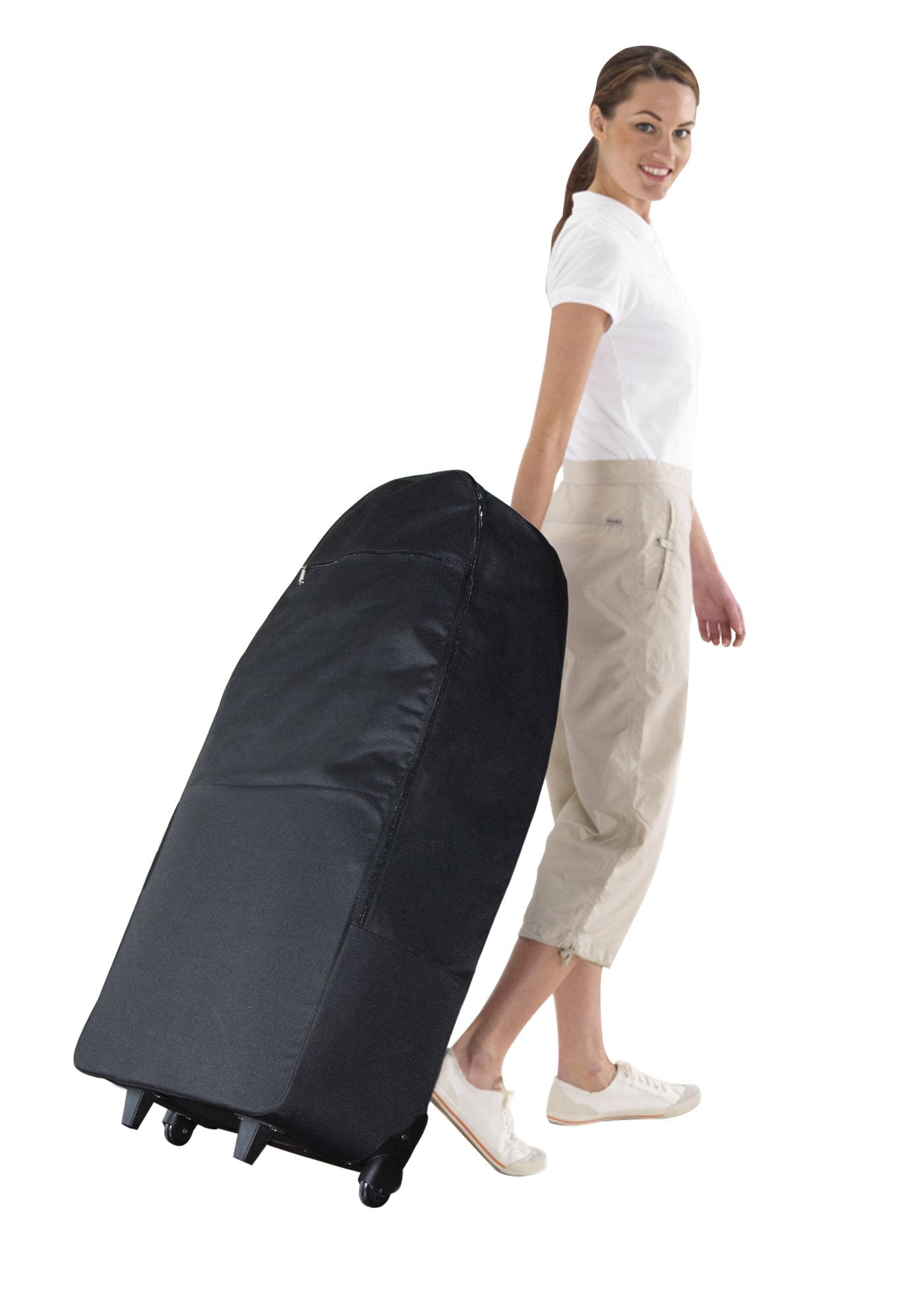Woman wheeling a Master Massage APOLLO XXL Portable Massage Chair, smiling back.