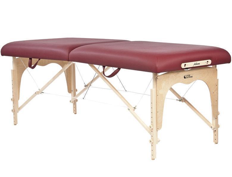 Custom Craftworks ATHENA portable massage table with burgundy top and light wood legs.