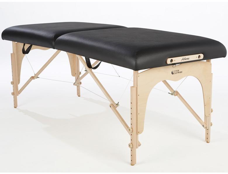 Custom Craftworks ATHENA Portable Massage Table: black cushioning, wood legs, support braces.