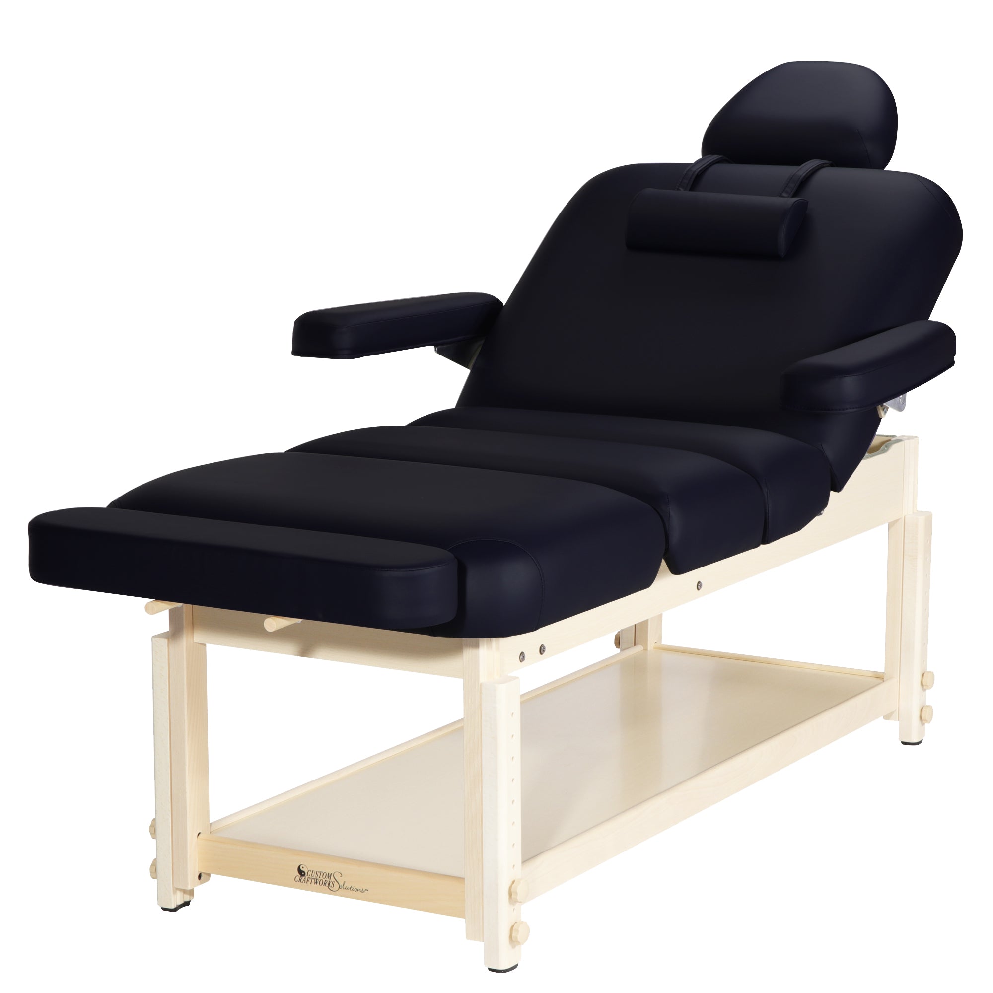 Custom Craftworks AURA DELUXE stationary massage table with armrests and wood base.