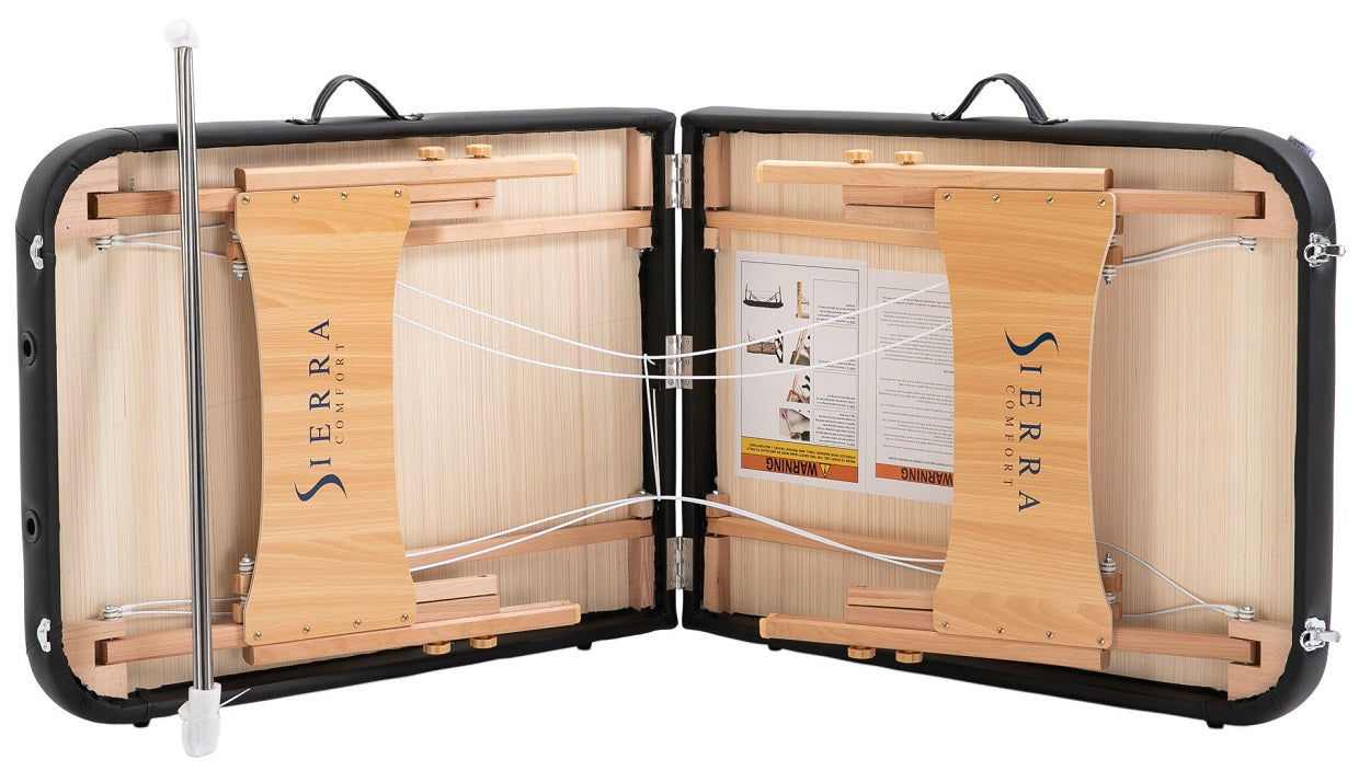 The Sierra Comfort BASIC Portable Massage Table opens to show internal supports and a beech frame.