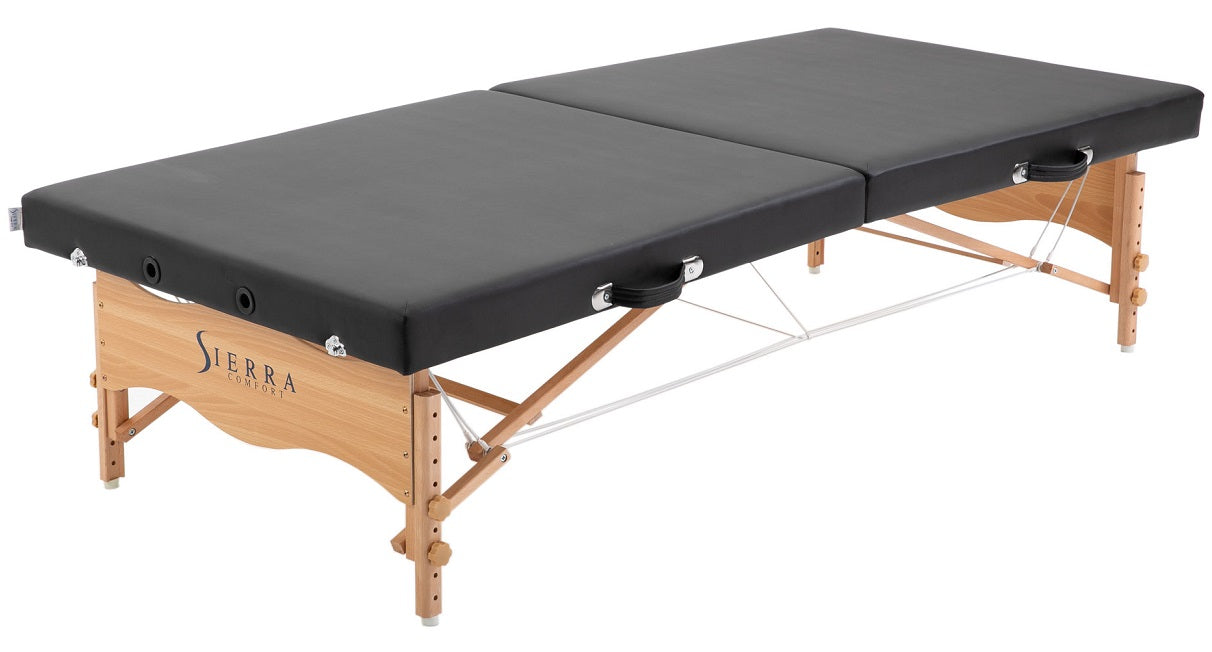Sierra Comfort LOW-LEVEL portable massage table with wood legs and folding design, black.