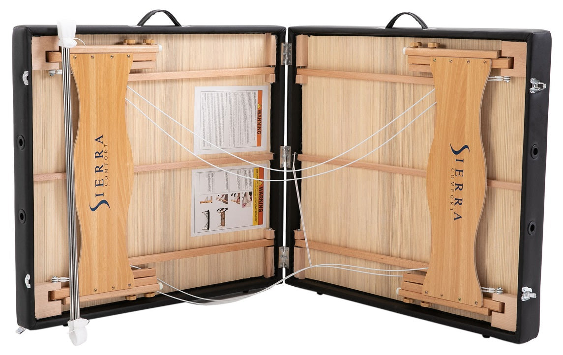 Sierra Comfort LOW-LEVEL Table in black case with wood interior and tensioned cords.