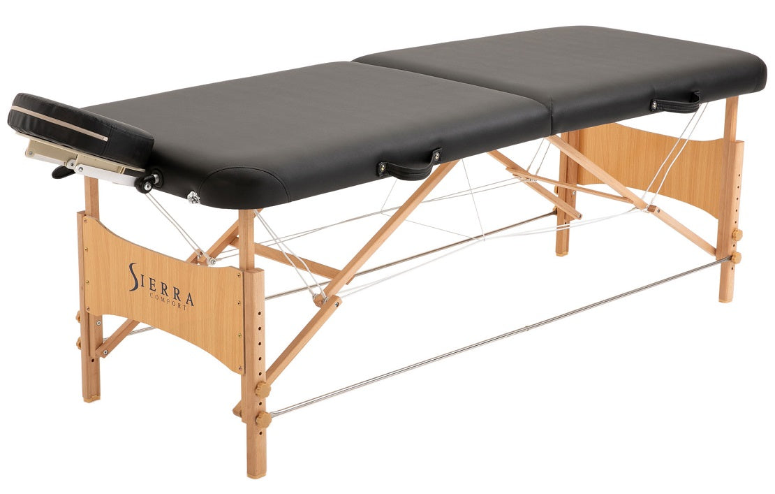 Sierra Comfort PREFERRED portable massage table with wooden legs and adjustable face cradle.