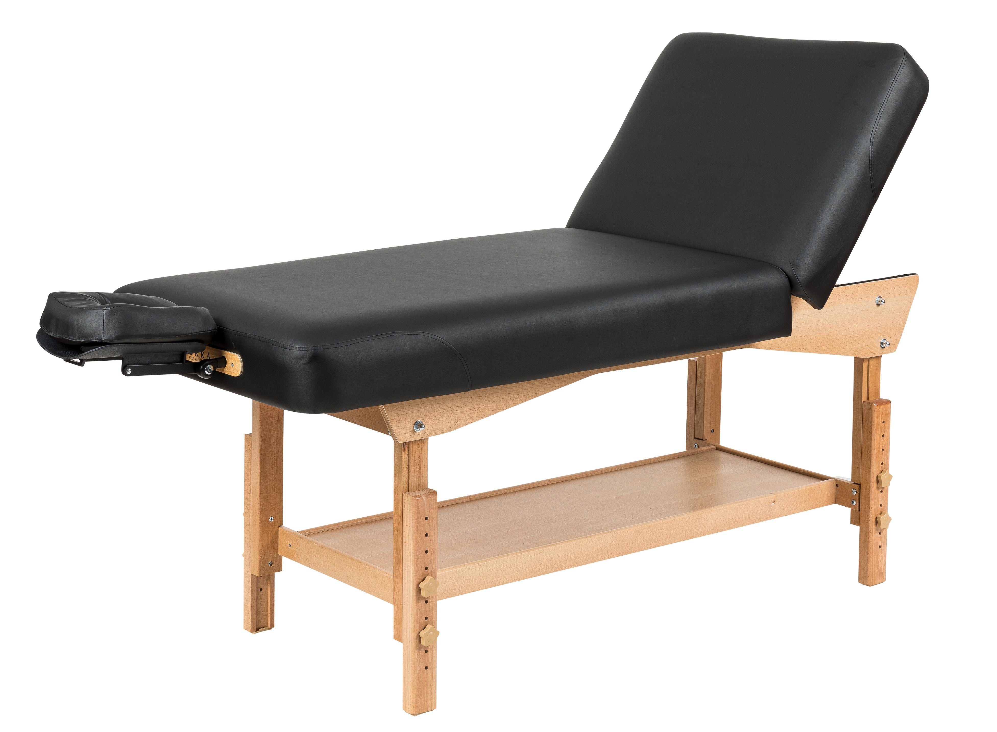 Sierra Comfort Adjustable Backrest Massage Table with wood legs and face cushion.