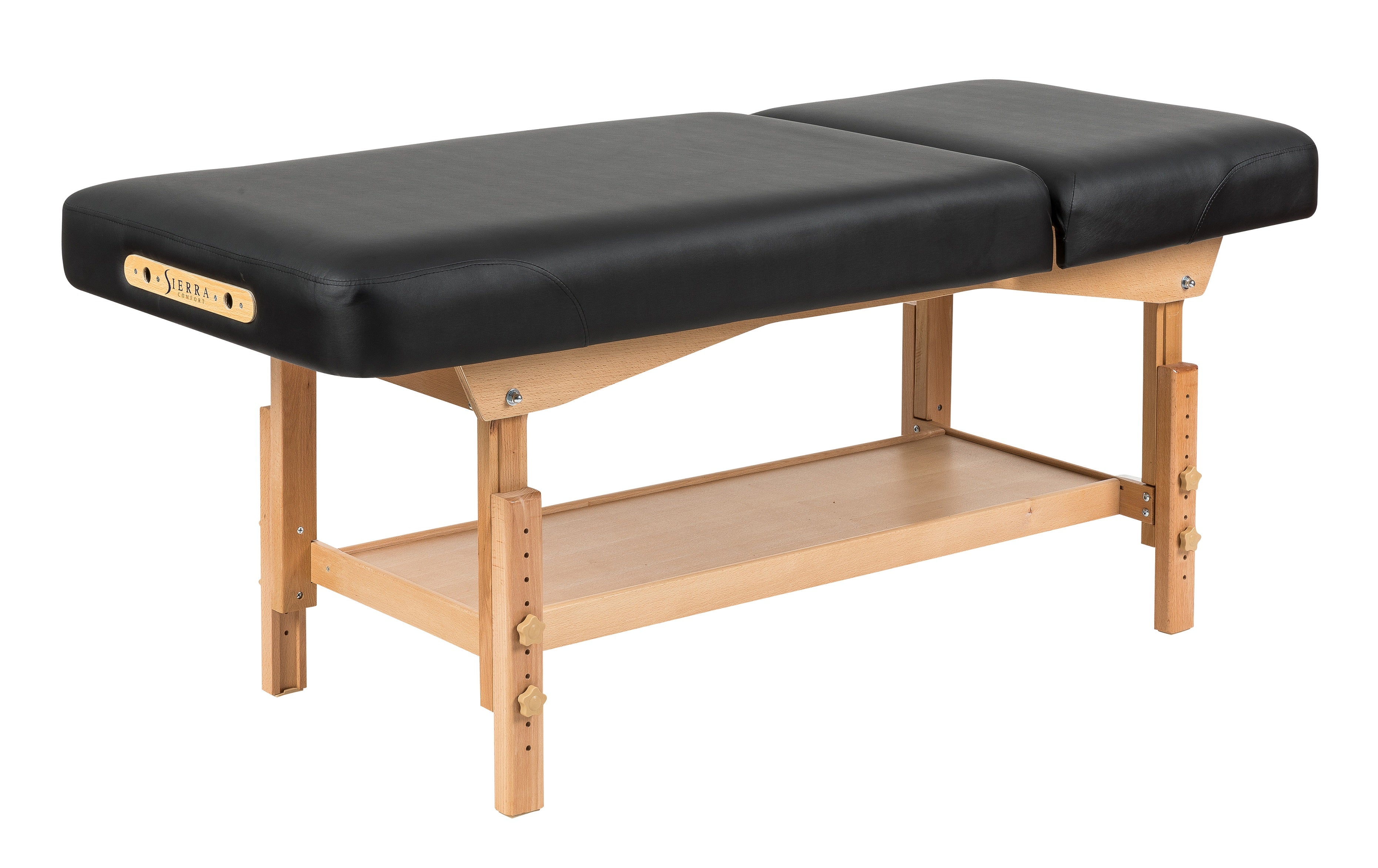 Sierra Comfort Adjustable Backrest Massage Table with wood legs and adjustable height.