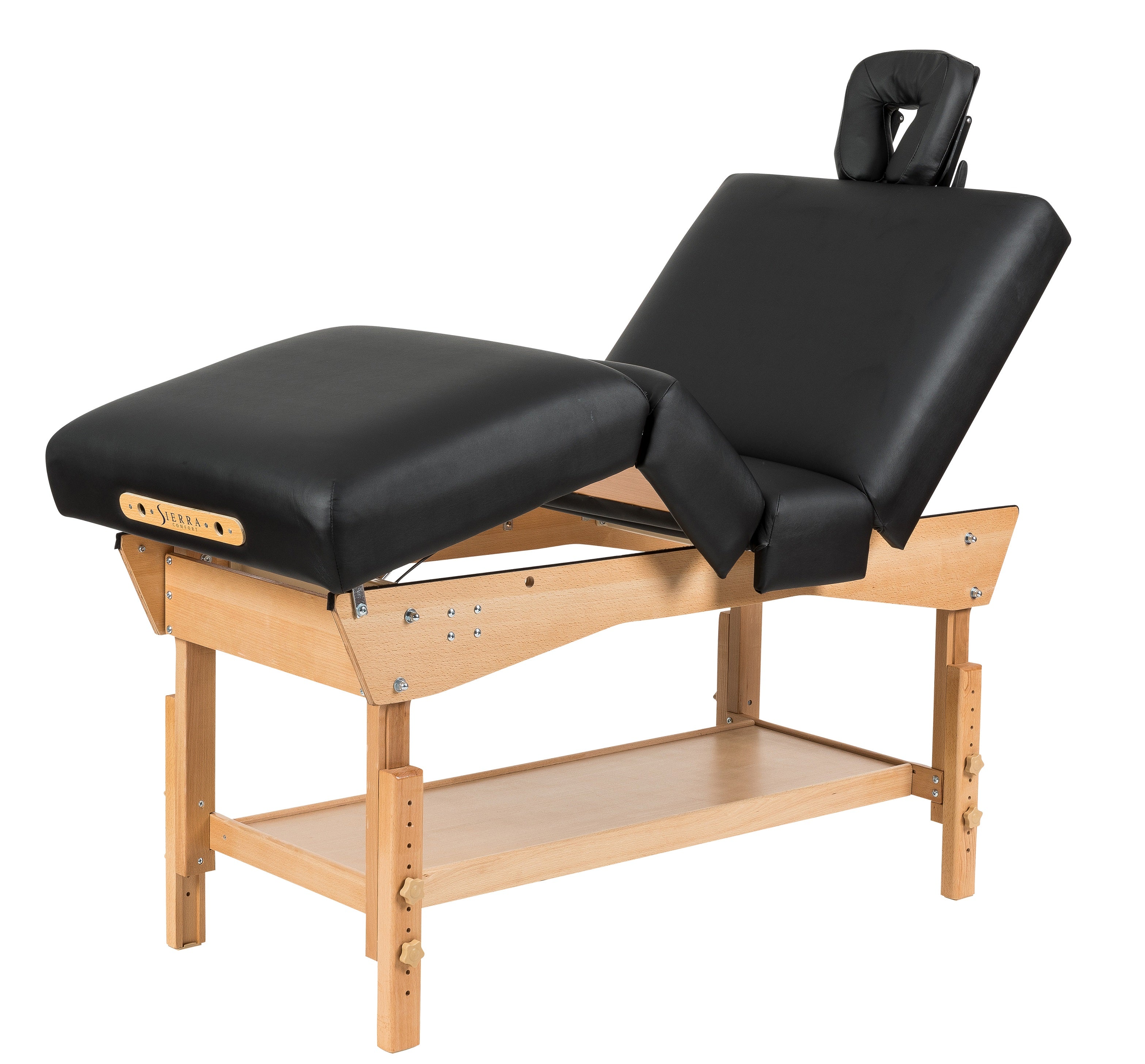 Sierra Comfort Adjustable 4-Section Massage Table with beech frame and padded sections.