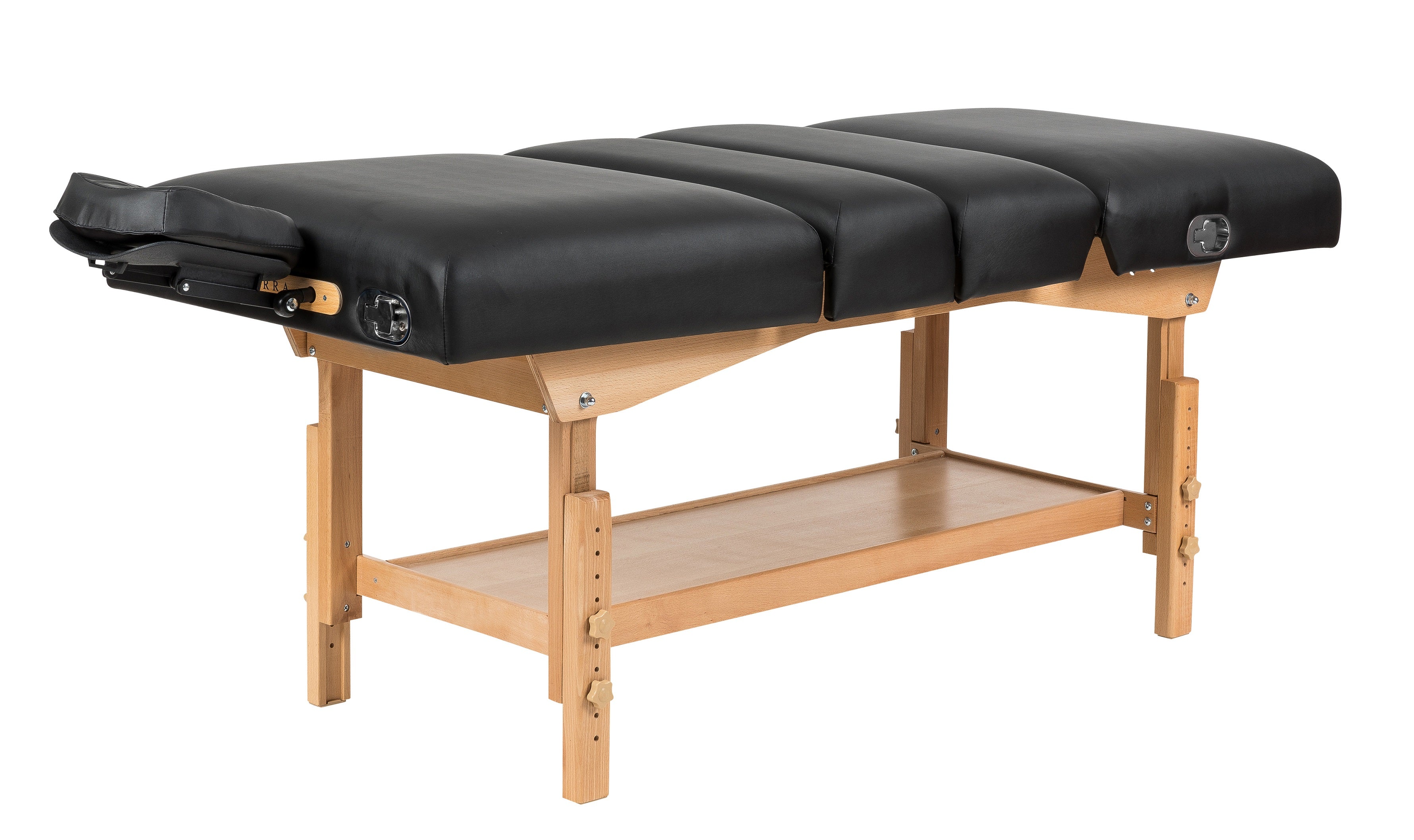 Sierra Comfort Adjustable 4-Section Massage Table with wood legs and lower shelf.