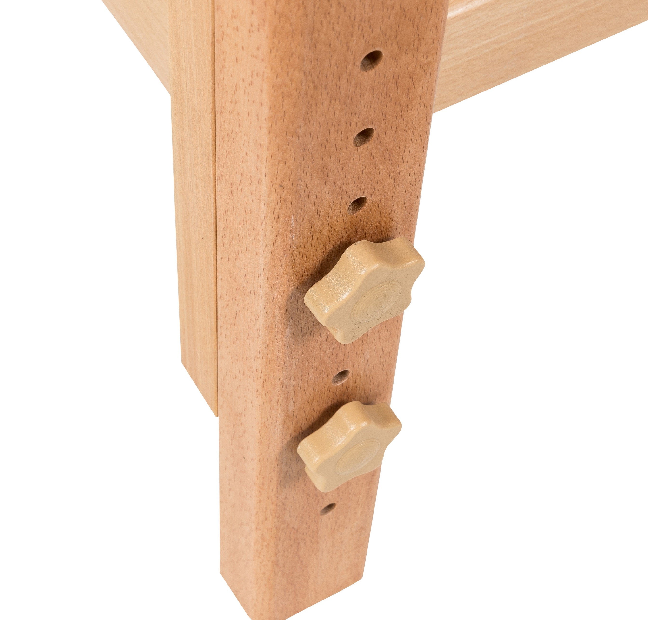 Close-up of two adjustable knobs on the Sierra Comfort Flat Stationary Massage Table.