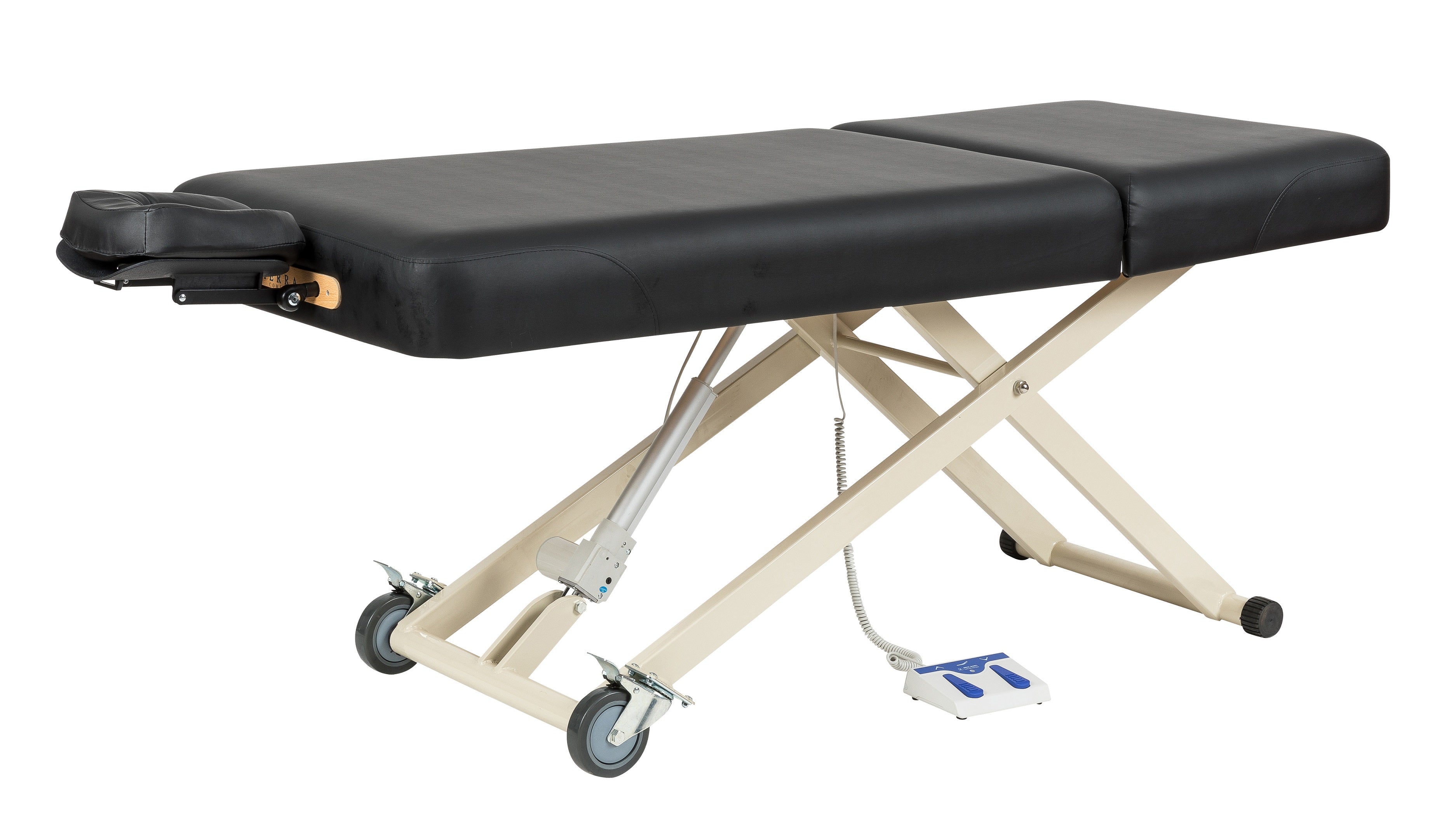 Sierra Comfort Adjustable Back Rest Electric Lift Table with metal legs and wheels, black foam.