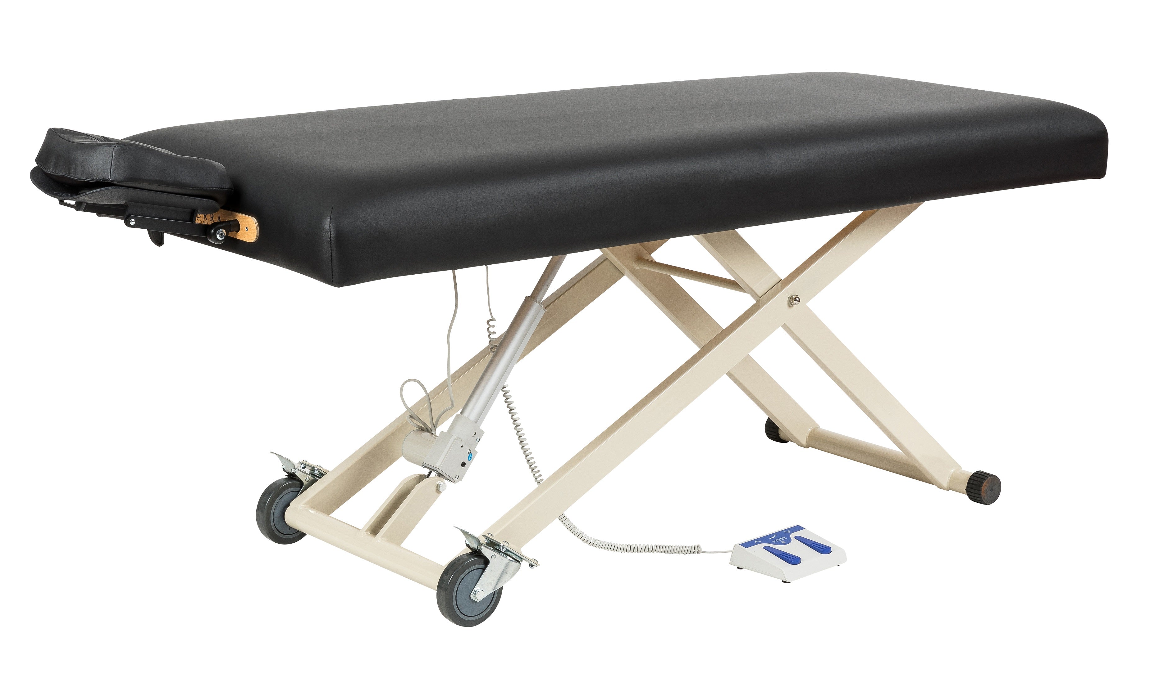 Sierra Comfort Electric Lift Massage Table with wheels and foot control, on white background.