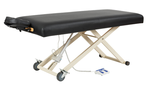 Sierra Comfort Electric Lift Massage Table with wheels and foot control, on white background.