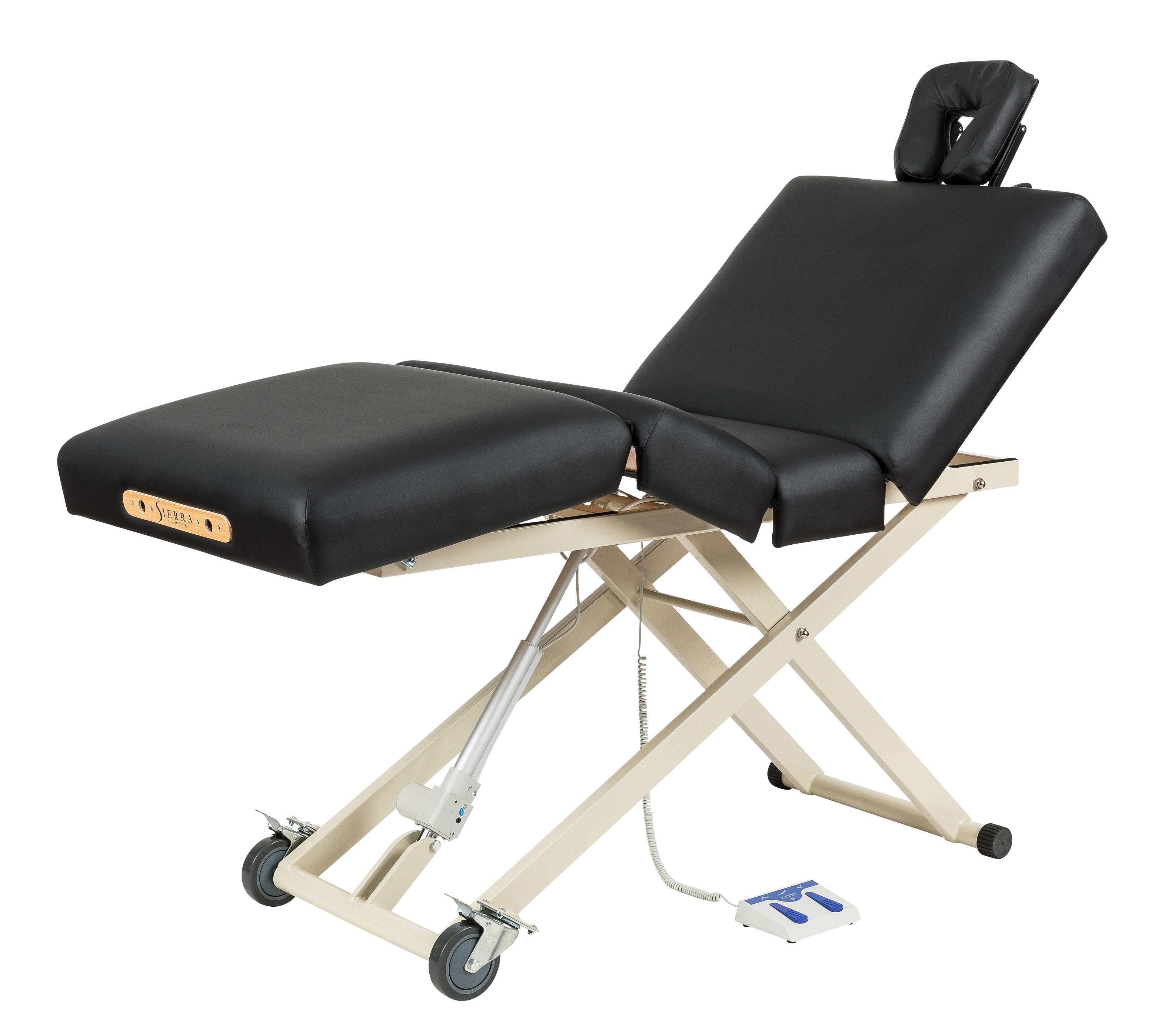 Sierra Comfort Adjustable 4-Section Electric Lift Table with metal frame and wheels.