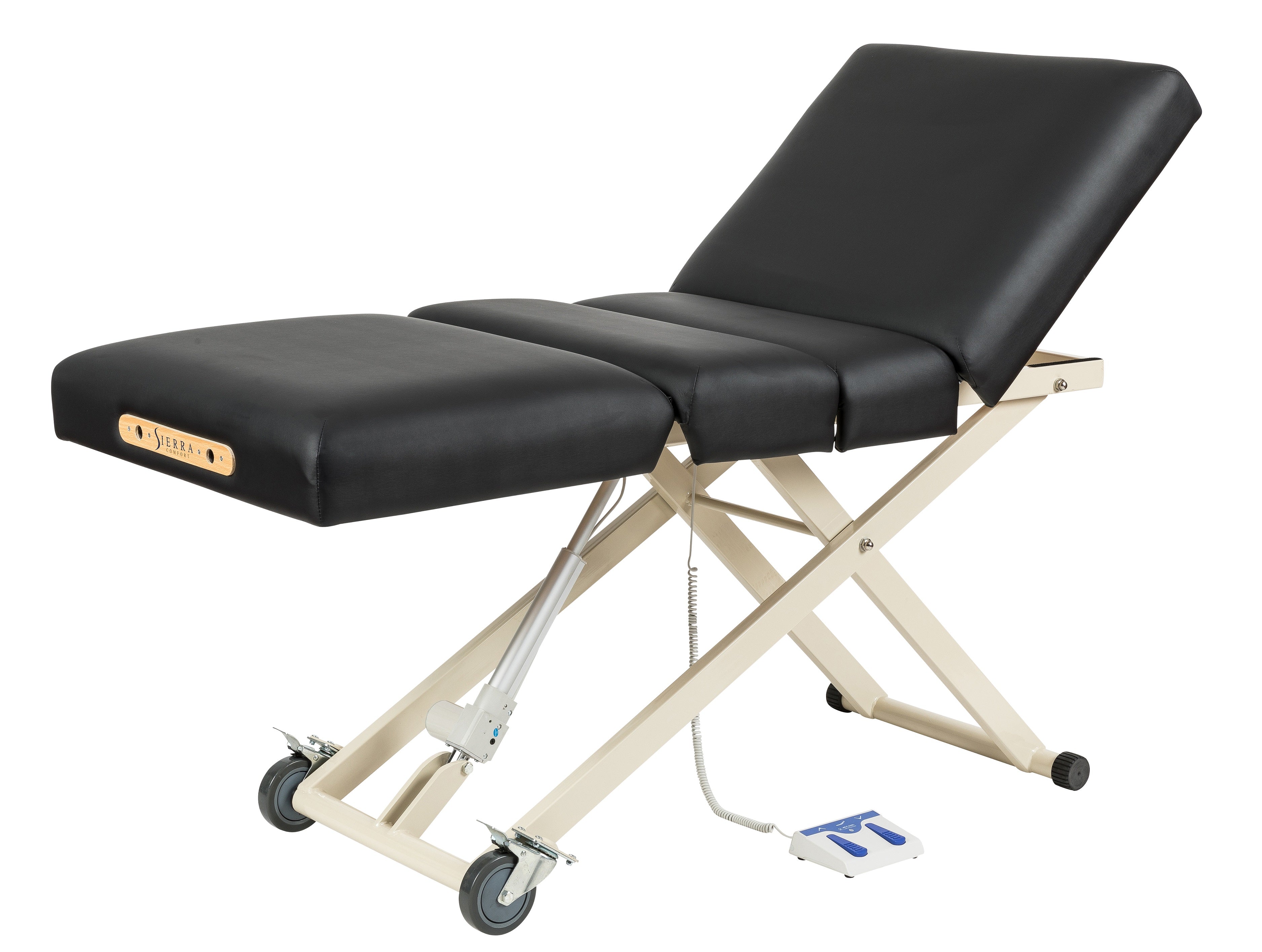 Sierra Comfort Adjustable 4-Section Electric Lift Table with padded sections and wheels.