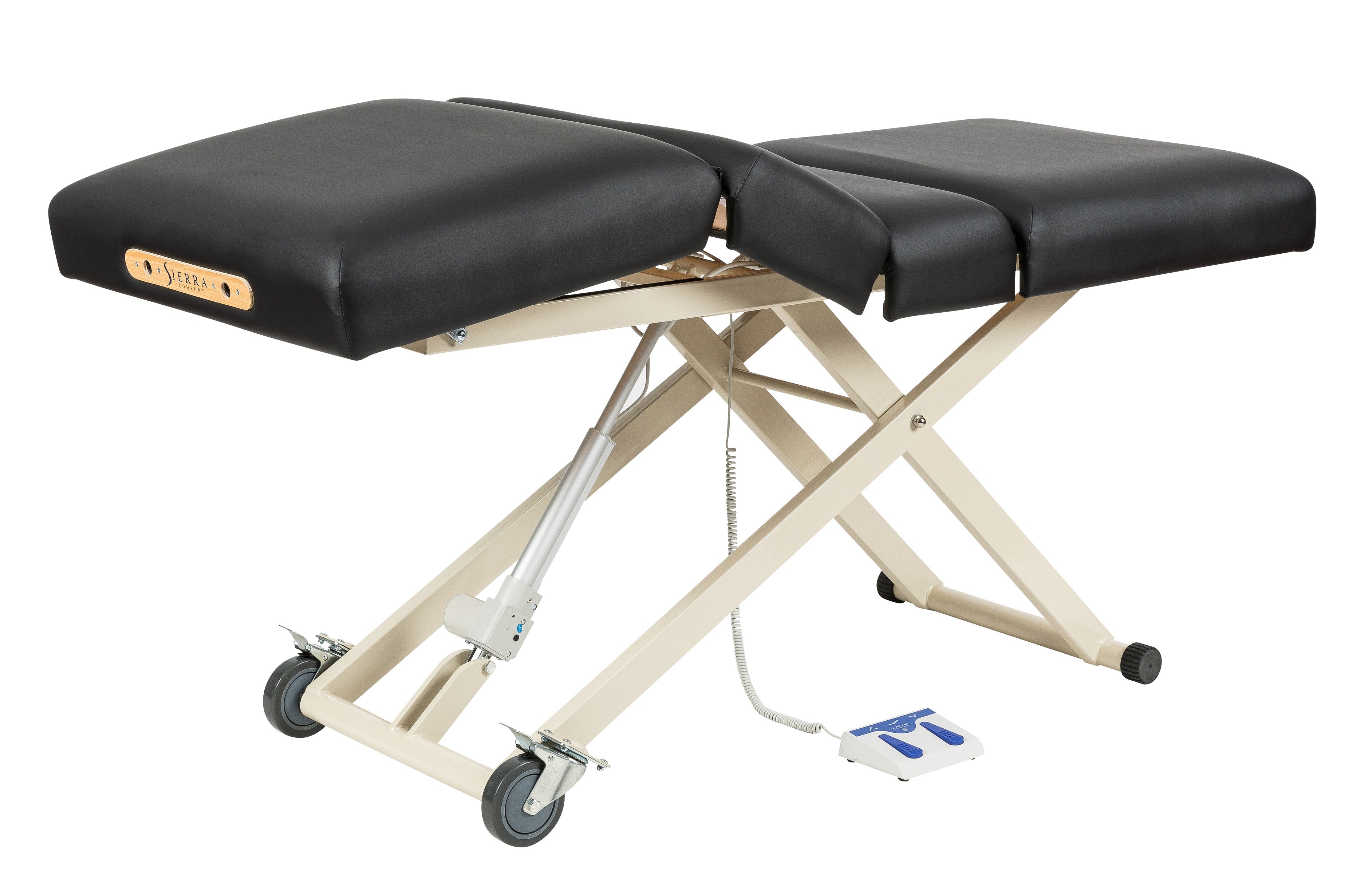 Sierra Comfort Adjustable 4-Section Electric Lift Table with wheels and foot pedal control.