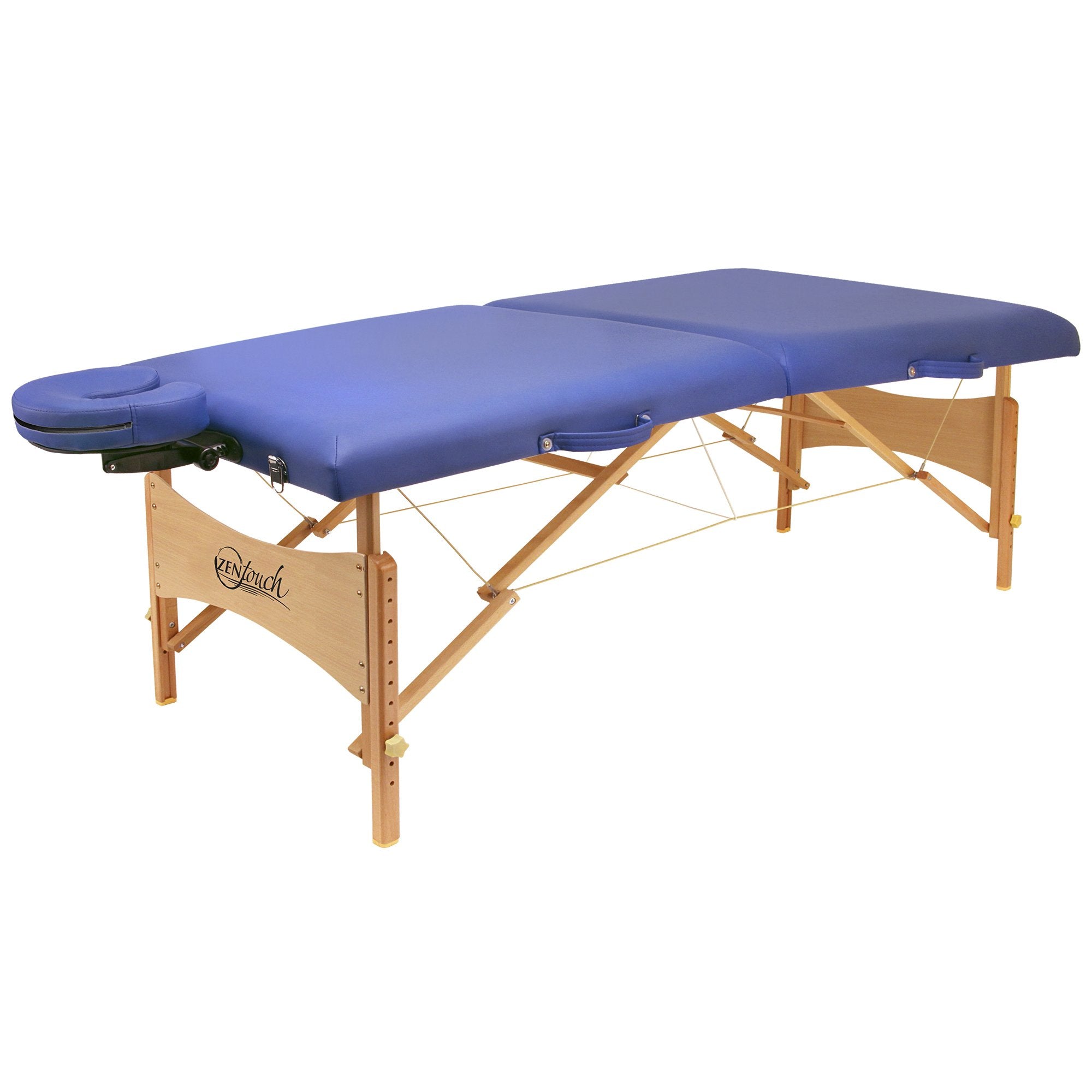 Master Massage BRADY Portable Table: blue padding, wood legs, adjustable face cradle.
