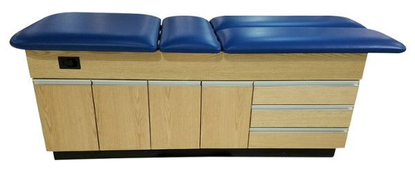 PHS Medical CAB-110 exam table with blue cushions, wood base, and storage cabinet.
