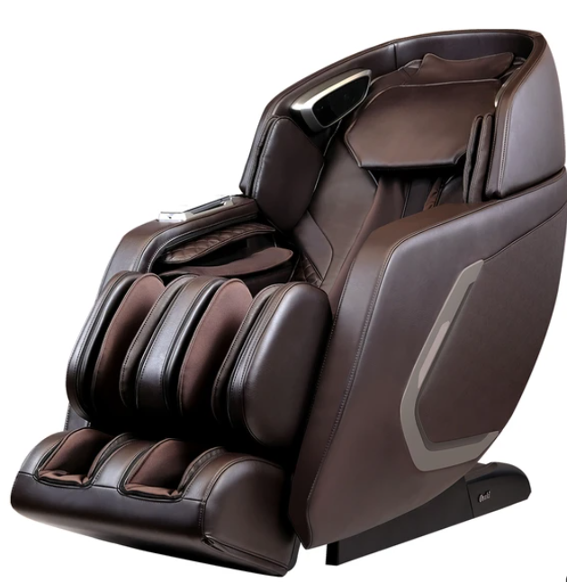 Osaki Os-Pro 4D ENCORE brown massage chair with arm, leg, and foot compartments, on white.