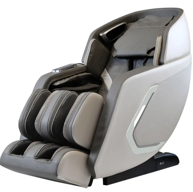 Osaki Os-Pro 4D ENCORE gray and white massage chair with padded arm and leg supports, angled view.