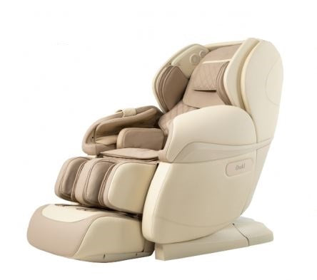 Osaki Pro OS-4D PARAGON beige massage chair with cushions, heated rollers, and control panel.