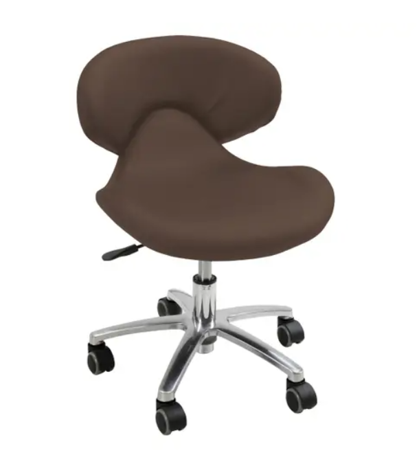 EarthLite Levitate ergonomic spa stool with curved back and five-wheel chrome base.