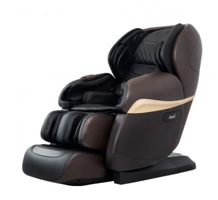 Osaki Pro OS-4D PARAGON massage chair in brown & black with padded arm, leg & head supports.