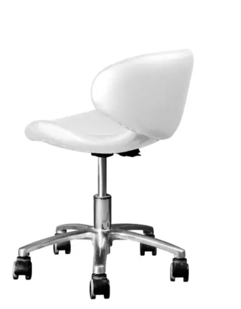 EarthLite Levitate ergonomic stool with wheels, curved backrest, and metal base.
