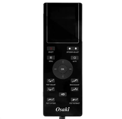 Black Osaki remote for OS-4D Pro Ekon Plus chair with labeled buttons and display screen.