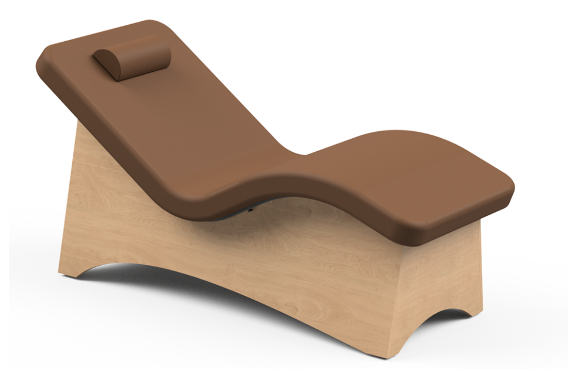 Oakworks CURVA Lounger: Brown cushioned chair with wooden base and headrest pillow.