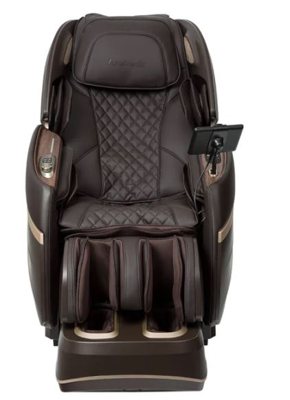 Dark brown Osaki Amamedic Hilux 4D massage chair with quilted seat and control screen.