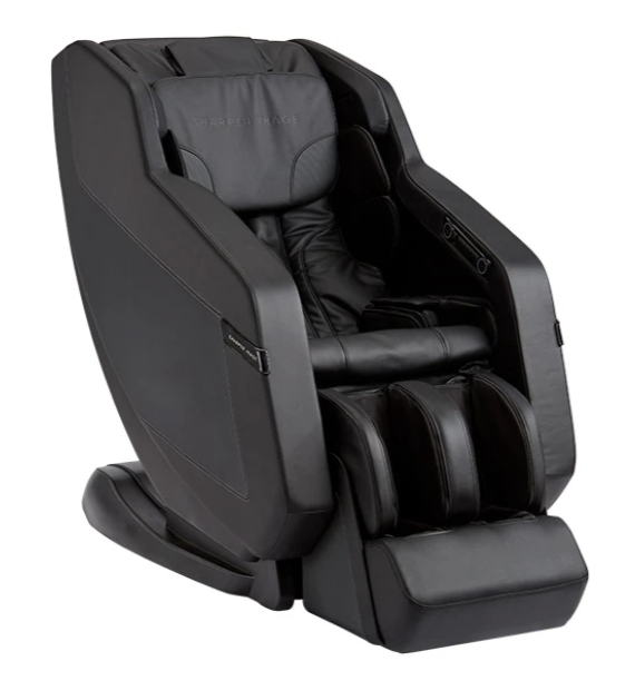 Sharper Image RELIEVE 3D Massage Chair, black, L-track, padded arm/leg/head supports.