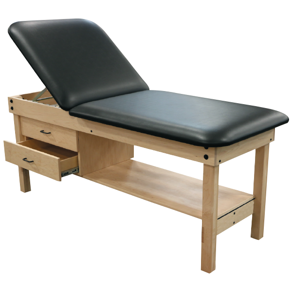 PHS Medical Classic Wood Treatment Table with black cushion, wood frame, drawers, and shelf.
