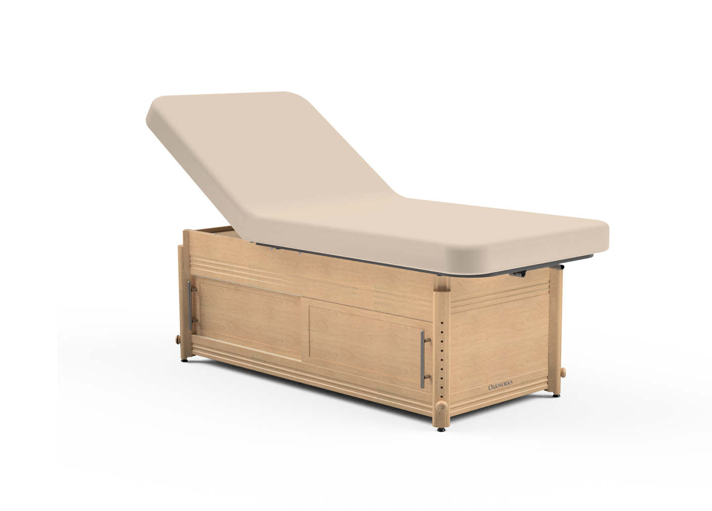 Oakworks CLINICIAN Lift-Assist Backrest Table with beige cushion, stationary, on white background.