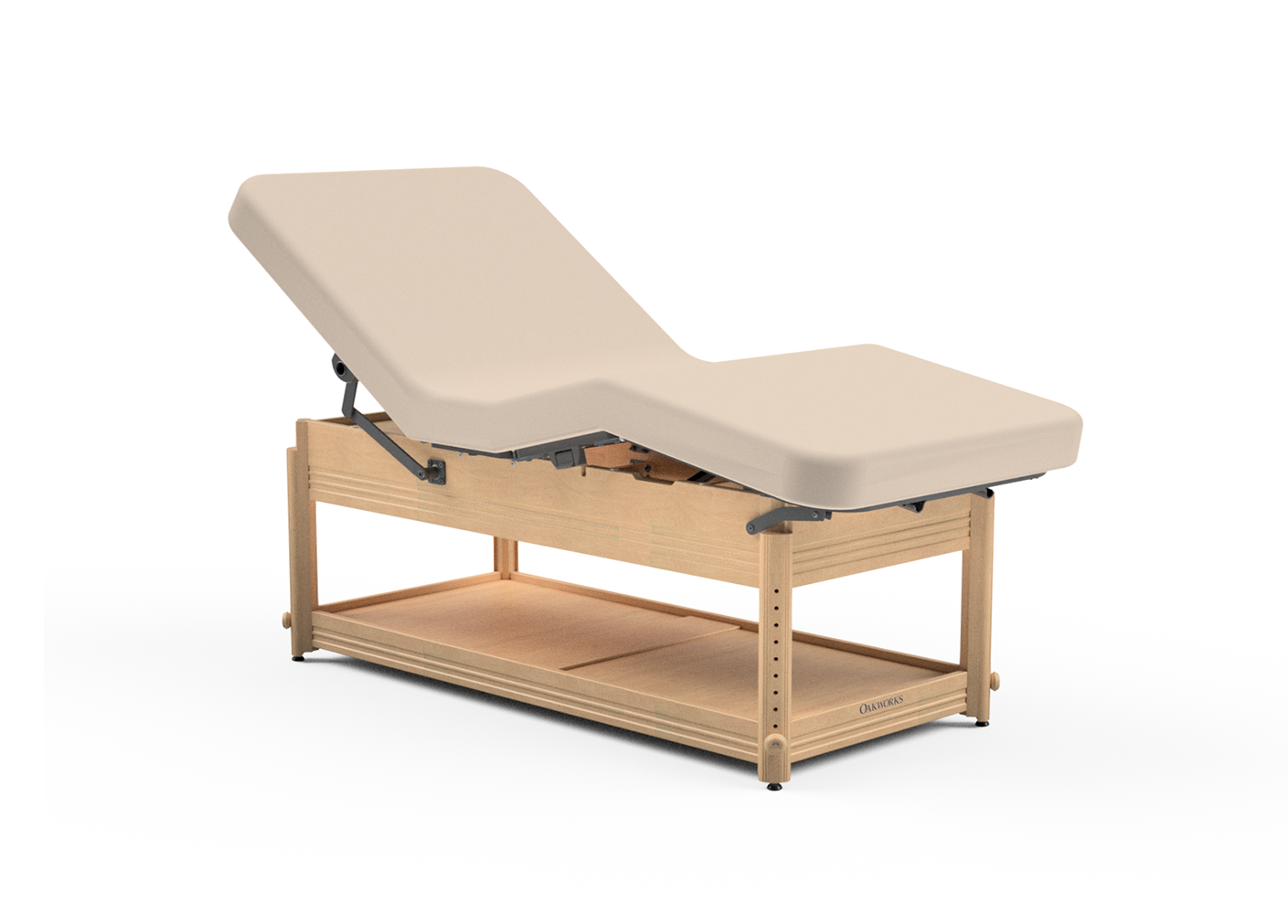 Oakworks CLINICIAN lift-assist salon top table, adjustable height with wood frame and shelf.